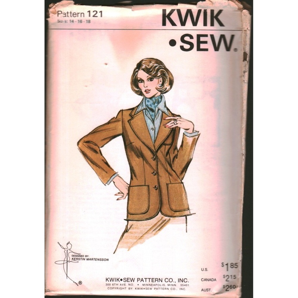 Vintage Kwik Sew 121 Blazer Sewing Pattern Kerstin Martensson Size 14 16 18 Knit